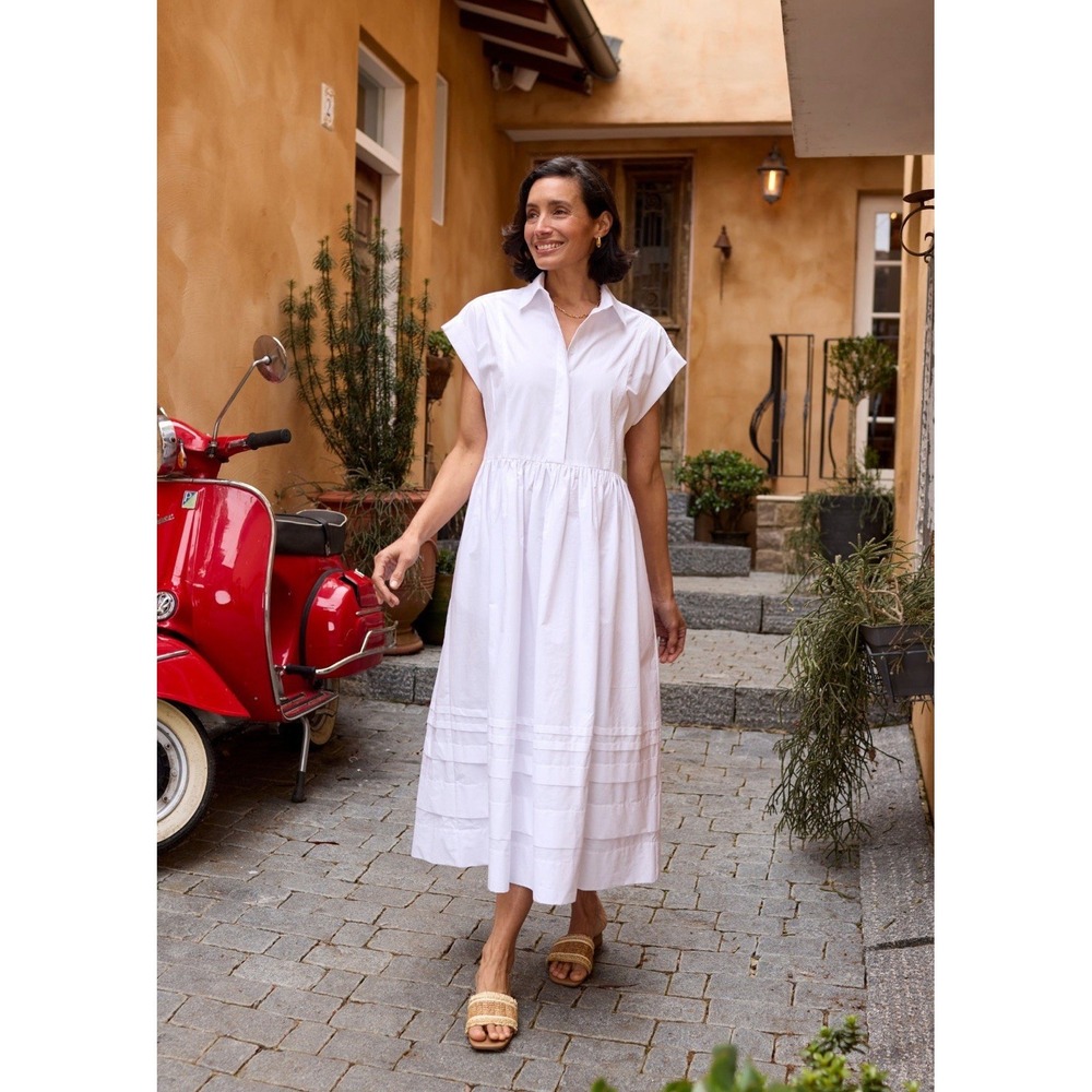 Maye NWT Gracie Shirt Dress Size Large White Midi Tiered Button Up Cotton Poplin